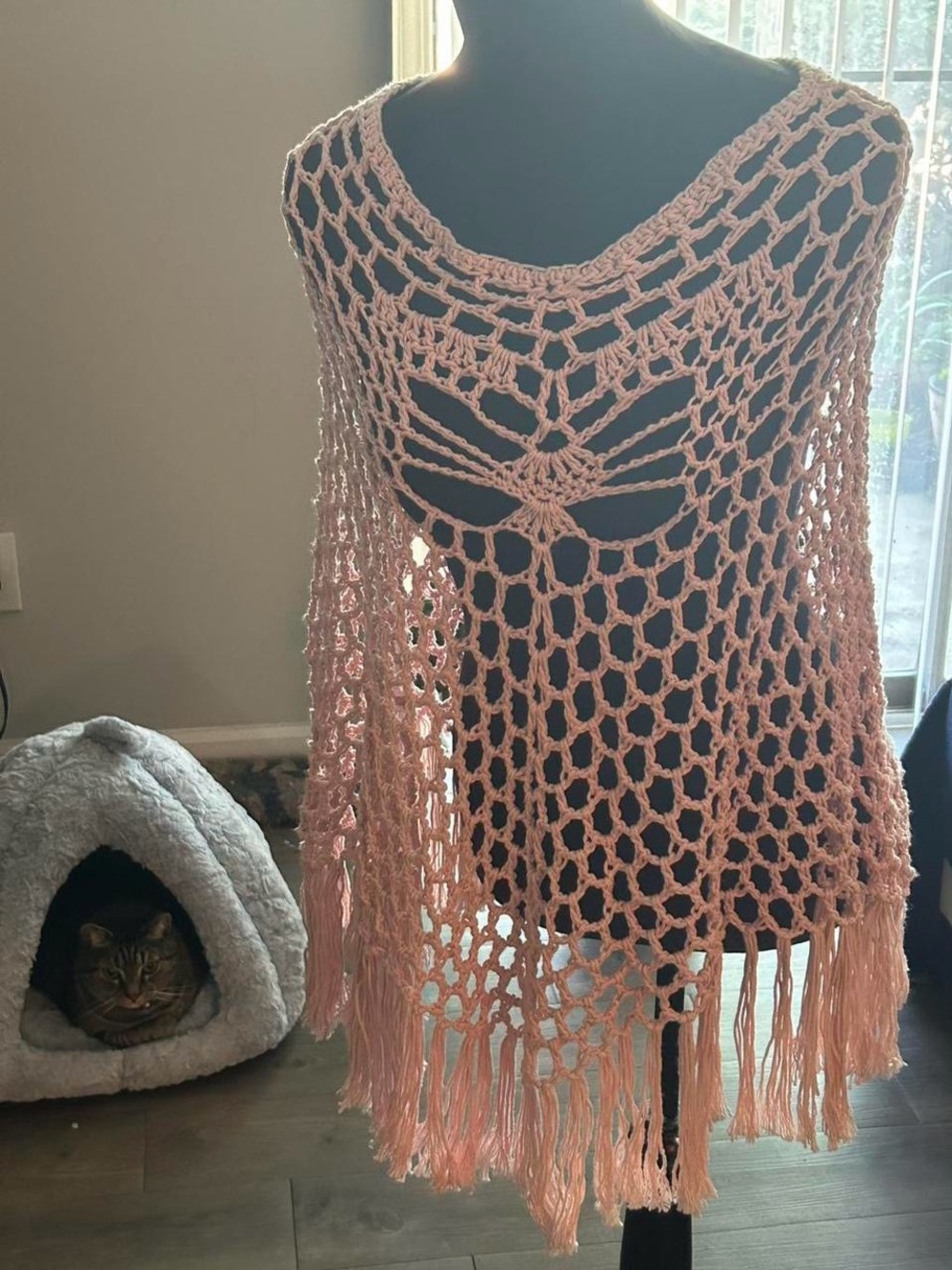 Handmade Crochet Fringe Poncho in Blush Pink